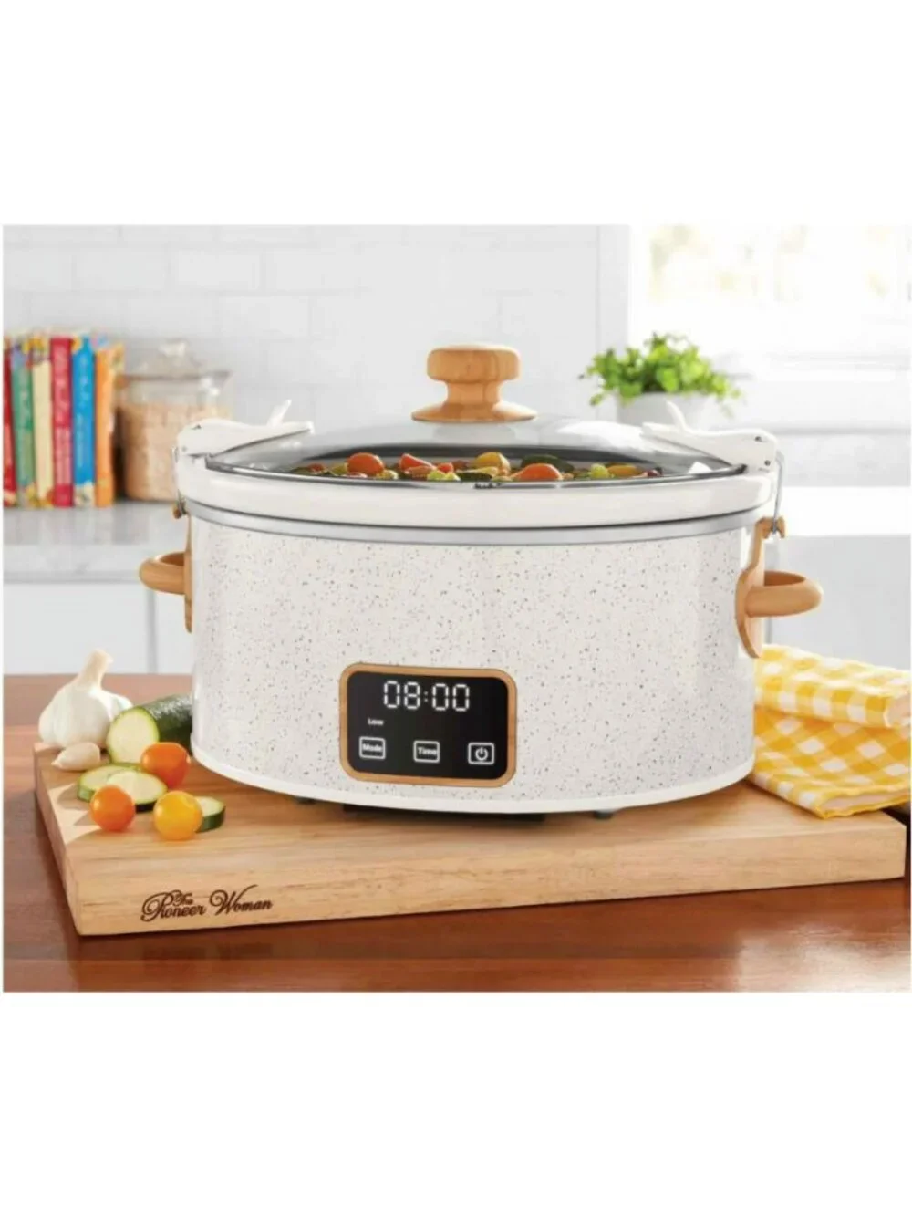 The Woman Pioneer Linen Locking Lid Clips 6-Quart Portable Speckle Slow Cooker